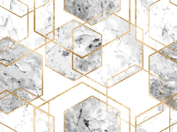 Vector illustration of Seamless geometric pattern with gold glitter lines and marble polygons