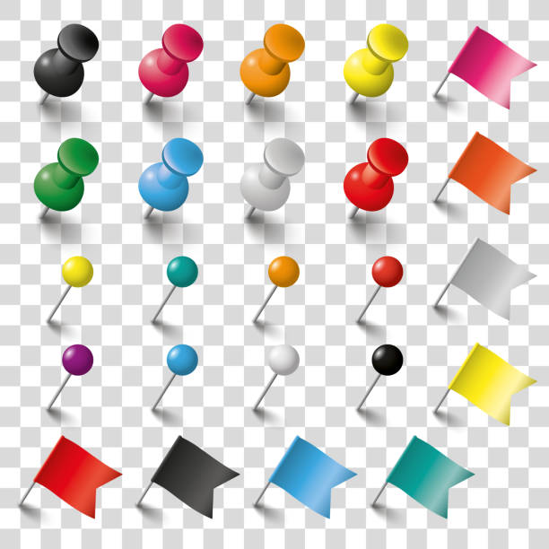 Colored Pins Flags and Tacks Set Transparent Colored pins, flags and tacks on the checked background. Eps 10 vector file. pinning stock illustrations
