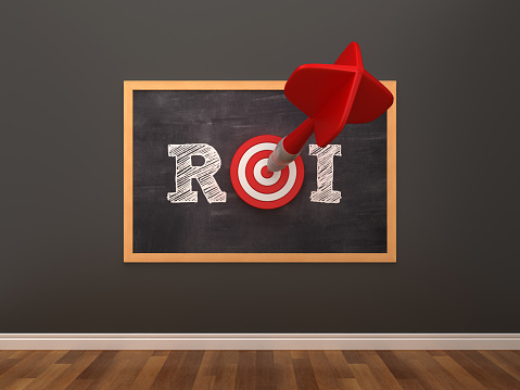 Chalkboard with ROI Word with Target and Dart in Room - 3D Rendering