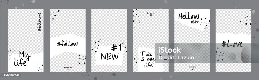 Vector commercial stories template Vector commercial stories template. Set black and white photo frames. Mockup for photo isolated on transparent background. Streaming. Love. Like. Follow me.  The effect of torn paper and paint stains. Template stock vector