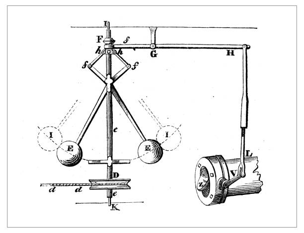 ilustraciones, imágenes clip art, dibujos animados e iconos de stock de antigua ilustración de descubrimientos científicos: máquina de la energía de vapor - james watt