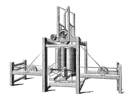 Antique illustration of scientific discoveries: Steam power engine for steamboat by Miller, Taylor, Symington