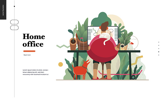 Technology 2 -Home Office - modern flat vector concept digital illustration home office metaphor, a freelancer guy working at home with pets and plants. Creative landing web page design template