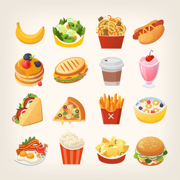 kolorowe ikony żywności śniadaniowej. posiłki i przekąski na szybki lunch. - fish cakes illustrations stock illustrations