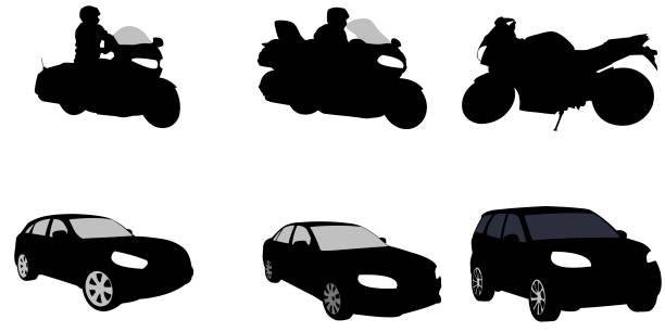 motocykle i samochody z suv-ami - motorcycle silhouette vector transportation stock illustrations