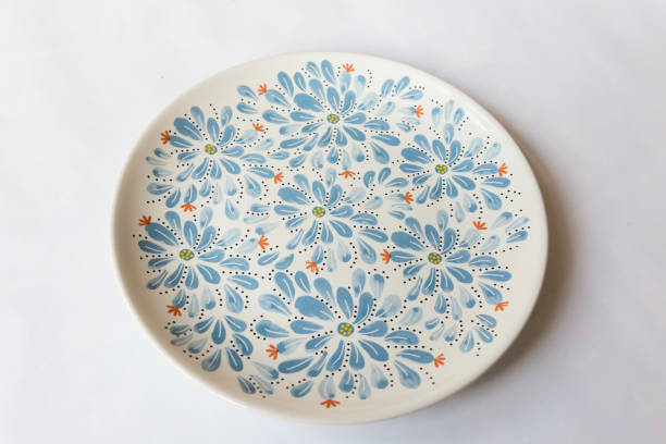 istock a white round plate with floral and line pattern on white background 1127978824