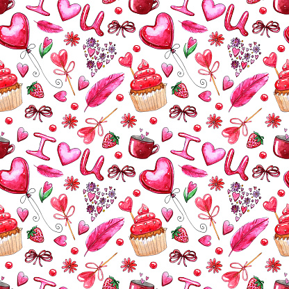 Watercolor Seamless pattern isolated on dark background, hand drawn illustration with love, hearts, feathers, cake