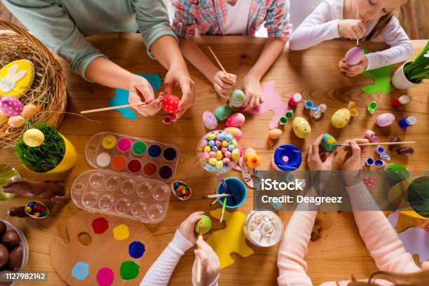 Top Above High Angle View Of Work Place Table Nice Group Of People Hands Doing Making Decor Accessory Things Classes Courses Studying In House Indoors Stock Photo - Download Image Now