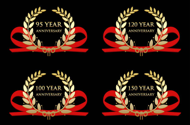 Anniversary Celebration Gold Awards 95, 100, 120 and 150 year anniversary celebration gold award with a red ribbon and a golden laurel wreath. 150th anniversary stock illustrations
