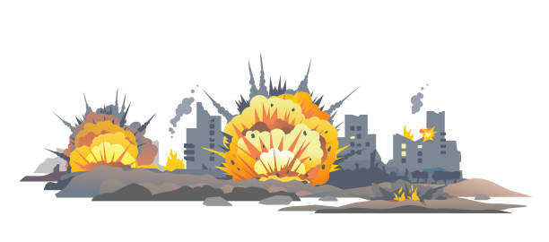 ilustraciones, imágenes clip art, dibujos animados e iconos de stock de ilustración de concepto bombardeo de la ciudad - fireball flame fire bomb