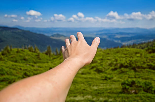 closeup view of hand  on the top of the mountain - dragobrat imagens e fotografias de stock