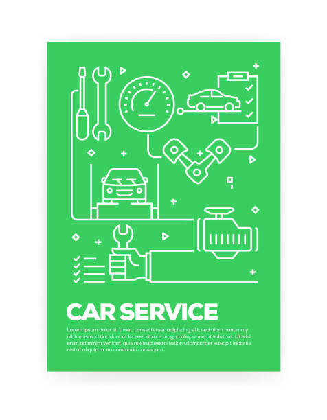 ilustraciones, imágenes clip art, dibujos animados e iconos de stock de auto servicio línea estilo cubierta diseño de concepto anual informe, flyer, folleto. - car backgrounds battery service