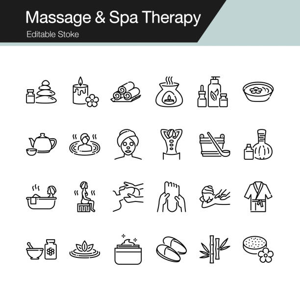 illustrations, cliparts, dessins animés et icônes de massage et spa therapy icônes. conception de ligne moderne. pour la présentation, graphisme, application mobile, conception web, infographie, interface utilisateur. modifiables en course. - spa nature bamboo beauty