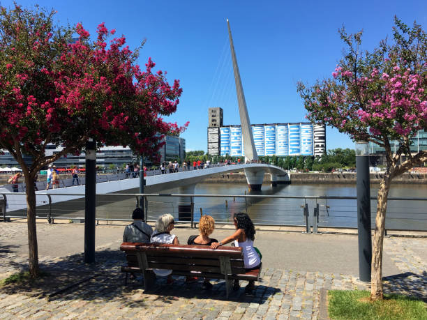 Group of women sitting on bench in Puerto Madero, Buenos Aires, Argentina Buenos Aires, Argentina - February 3, 2019: Four women sitting together in park bench in Puerto Madero neighborhood having a good time. During sunny weekends this place is a good option for a city break and enjoy an afternoon outdoors. At the far end the Puente de la Mujer can be seen and old silo with installation made by Barbara Kruger for Art Basel Cities Buenos Aires puente de la mujer stock pictures, royalty-free photos & images