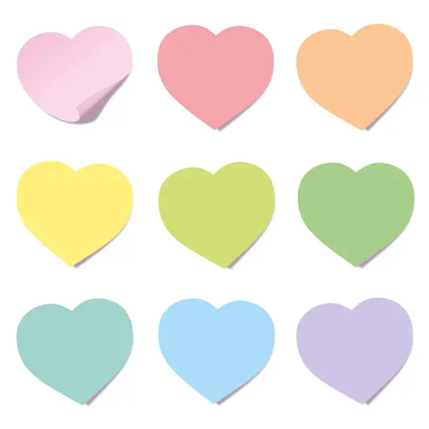 Vector illustration of Heart post collection. Sticky notes, heart shaped, different colors. Isolated vector illustration on white background.