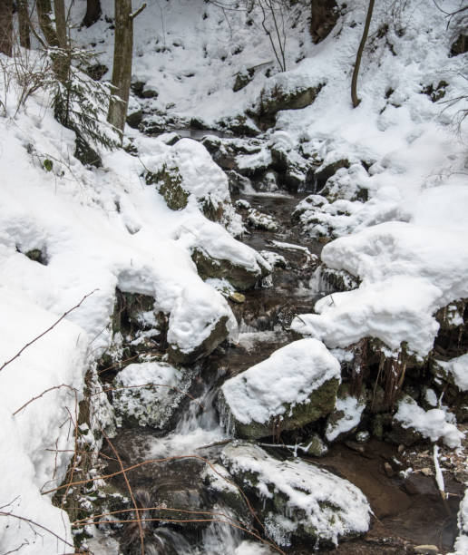 istock mountain sreeam with stones, small rapiids and snow during winter 1127999196