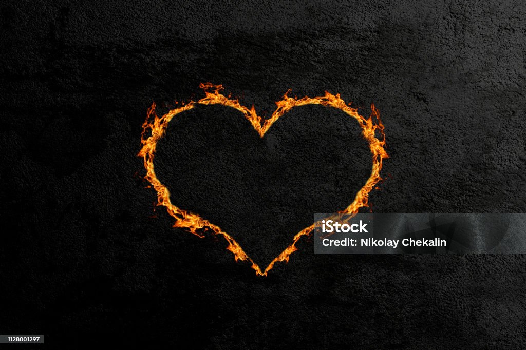 Fiery heart on the background of a concrete wall Stock Illustration Silhouette of a fiery heart against the background of a concrete wall Furious stock illustration