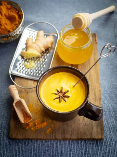 Drink, Turmeric, Ginger, Ingredients, Honey, Cutting Board, Top View