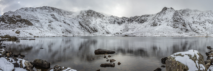 crisp reflections in Llyn Idwal surrounded by snow covered mountains in Snowdonia
