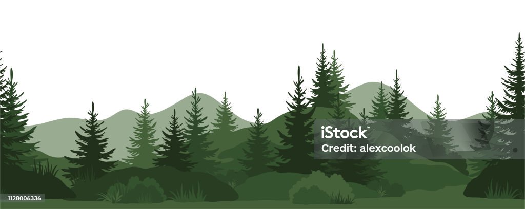 Seamless, Summer Forest Seamless Horizontal Landscape, Summer Mountain Forest with Fir Trees, Bushes and Grass Green Silhouettes on White Background. Vector Forest stock vector