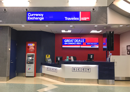New York, 2/5/2019: Travelex currency exchange counter at JFK airport.
