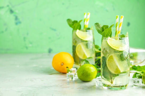 istock Two mojito cocktails in highball glasses 1128013238