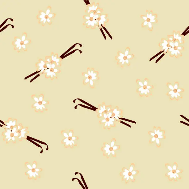 Vector illustration of Seamless pattern with vanilla pods and blossoms.