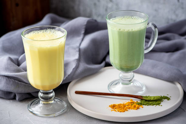 istock Green tea matcha latte and milk with turmeric 1128015109