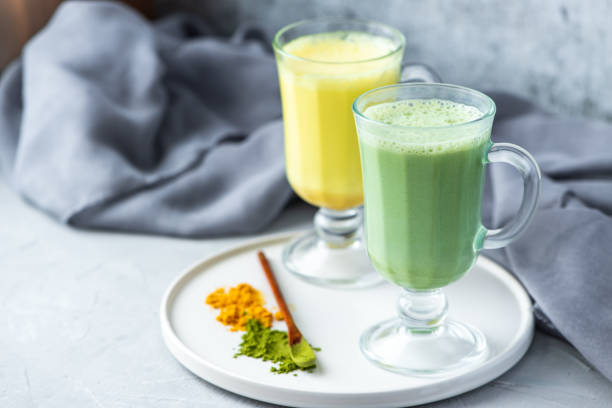 istock Green tea matcha latte and milk with turmeric 1128015157