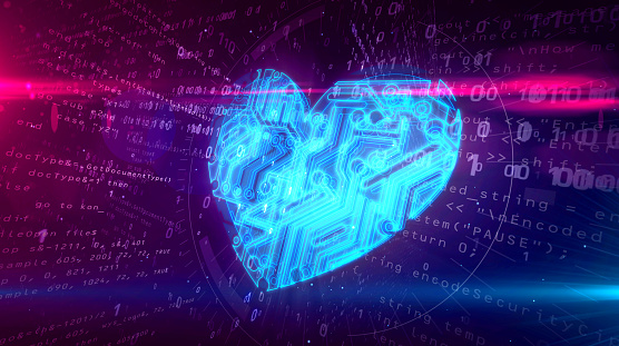 Cyber heart symbol in cyberspace. Abstract 3D illustration of love symbol on digital background.