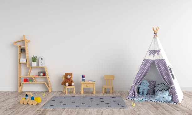 istock Teepee in children room interior for mockup, 3D rendering 1128016116