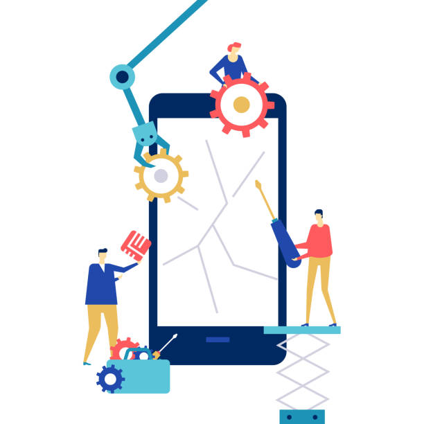 Mobile repair service - flat design style colorful illustration Mobile repair service - flat design style colorful illustration on white background. A composition with workers fixing the cracked smartphone screen, images of mechanic arm, chip, gears, SIM card phone repair stock illustrations