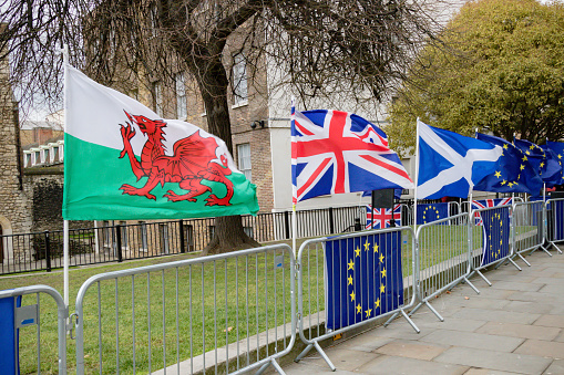 London, United Kingdom, 31st January 2019:- The flags of the UK, EU, Scotland and Wales flying outside the houses of Parliament