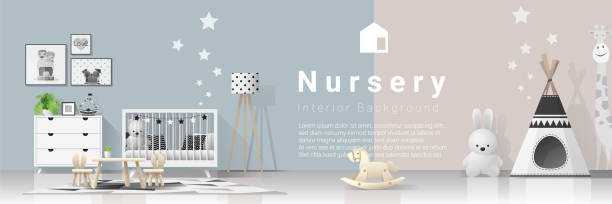 Interior background with modern baby bedroom , vector , illustration Interior background with modern baby bedroom , vector , illustration bedroom borders stock illustrations