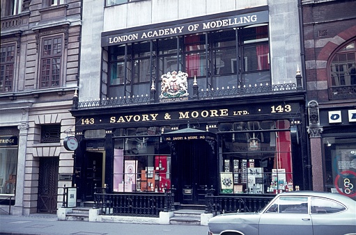 London, England, UK, 1974. 143 New Bond Street, with former shop owner Savory & Moore Ltd. (Pharmacy). Above the shop was still a modeling agency.