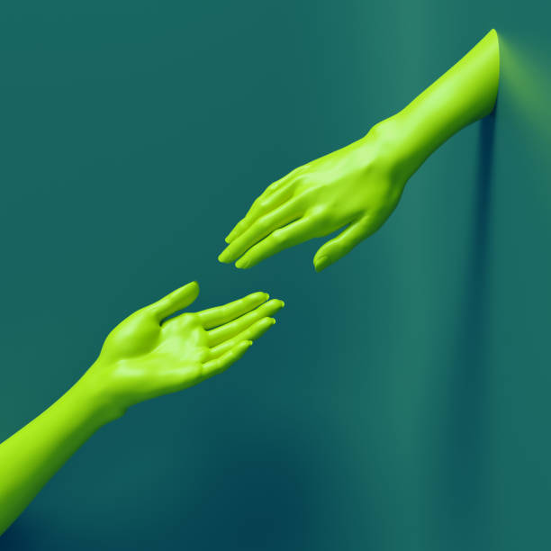 3d render, female hands isolated, minimal fashion background, helping hands, emerald neon green mannequin body parts, partnership concept