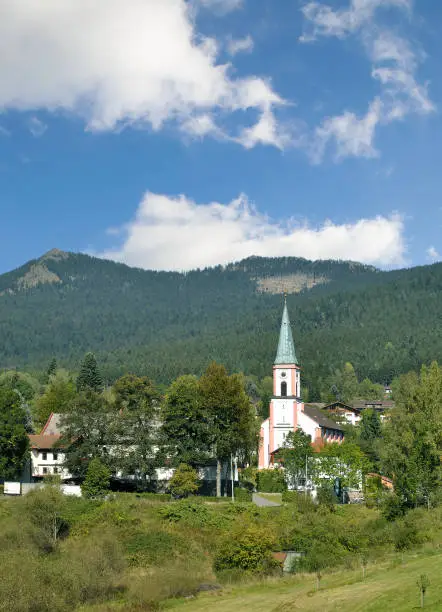 Village of Lohberg(Bayern)at Grosser Osser Mountain near Cham in Lamer Winkel region,bavarian Forest,Bavaria,Germany