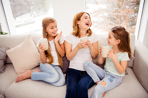 High angle view portrait of nice cute lovely attractive charming cheerful cheery positive ginger hair people mom mommy mum pre-teen girls sitting on divan in house indoors