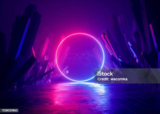 3d Render Abstract Background Cosmic Landscape Round Portal Pink Blue Neon Light Virtual Reality Energy Source Glowing Round Frame Dark Space Ultraviolet Spectrum Laser Ring Rocks Ground Stock Photo - Download Image Now