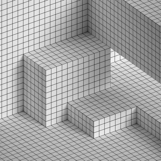 3d render, architectural blocks, empty room, grid texture, black and white abstract minimal background