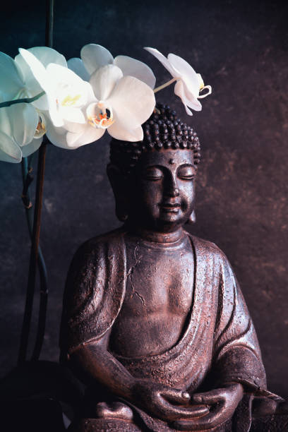 istock Buddha in meditation with orchid on dark background 1128023283