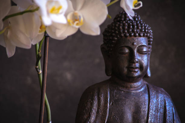 istock Buddha in meditation with orchid on dark background 1128023324