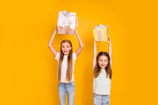 Portrait of two nice cute sweet attractive cheerful funny playful childish girls holding in hands rising over heads large boxes isolated over bright vivid shine yellow background
