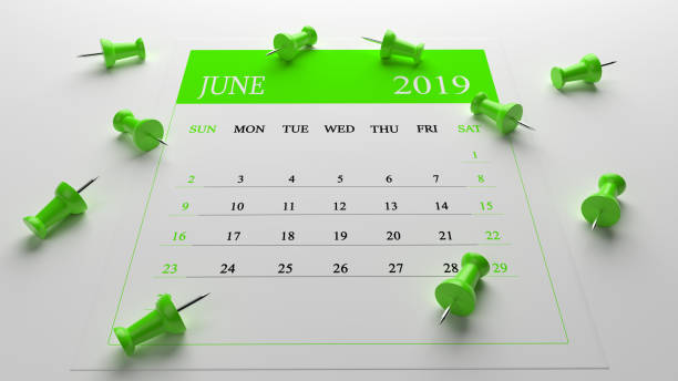 istock Green June Calendar 2019 On White Background With Green Pins 1128025433