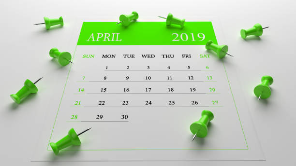 istock Green April Calendar 2019 On White Background With Green Pins 1128026713