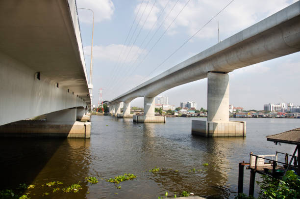 istock Skytrain Mass Rapid Transit Authority of Thailand MRTA or MRT Purple Line running go to bangkok across Chao phraya river 1128027095