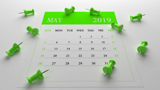 istock Green May Calendar 2019 On White Background With Green Pins 1128028394