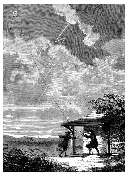 Antique illustration of scientific discoveries, electricity and magnetism: Benjamin Franklin experiment