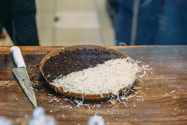 Photo of Mutabbak or matabbak, also mutabbaq, is a stuffed pancake or pan-fried bread. This is Chocolate and Coconut stuffed.