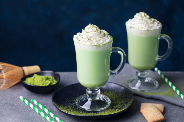 istock Matcha green tea latte with whipped cream. Copy space. 1128030251